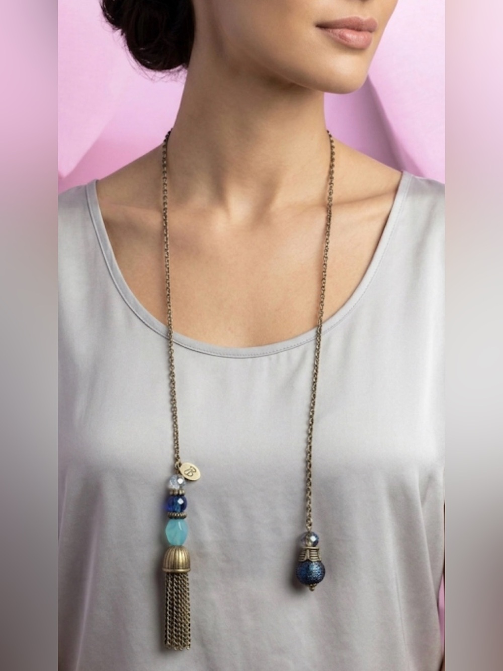Antique Chico’s Asymmetric Tassel & Bead Lariat Necklace